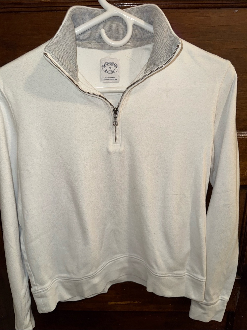 Brooks Brothers Woman’s Half-Zip Sweater in White with Gray Collar
